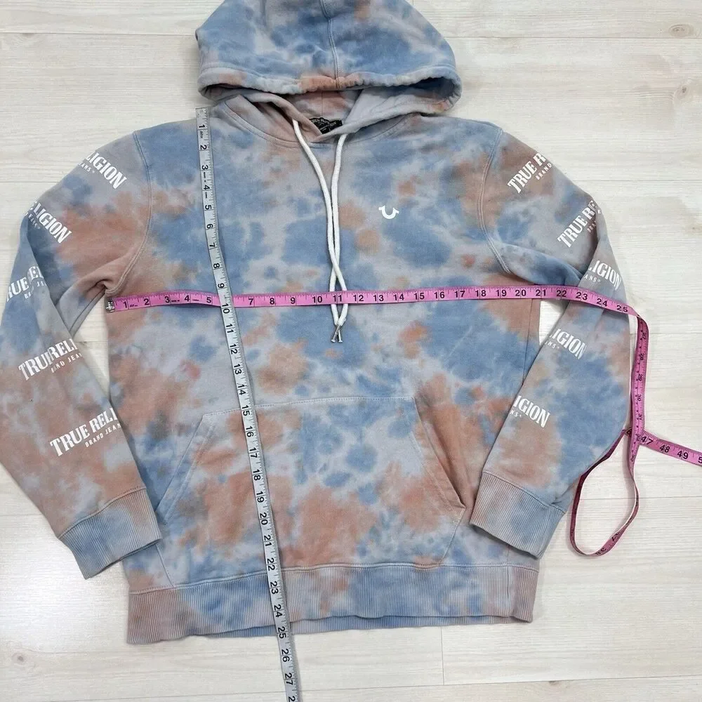 True Religion Hoodie Mens Small Tie Dye Blue Logo Spell Out Sleeves Pockets
